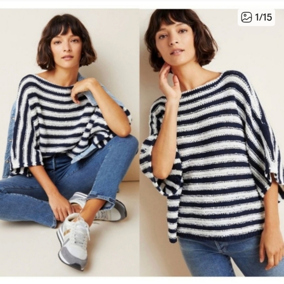 By Anthropologie Evie Poncho Dolman Soft Striped Oversized Short Sleeve Sweater - Picture 1 of 11